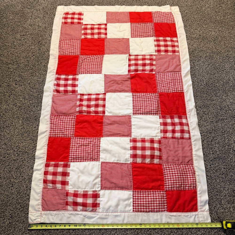Handmade Patchwork Quilt Red White Gingham Checkered Throw Blanket 39x64